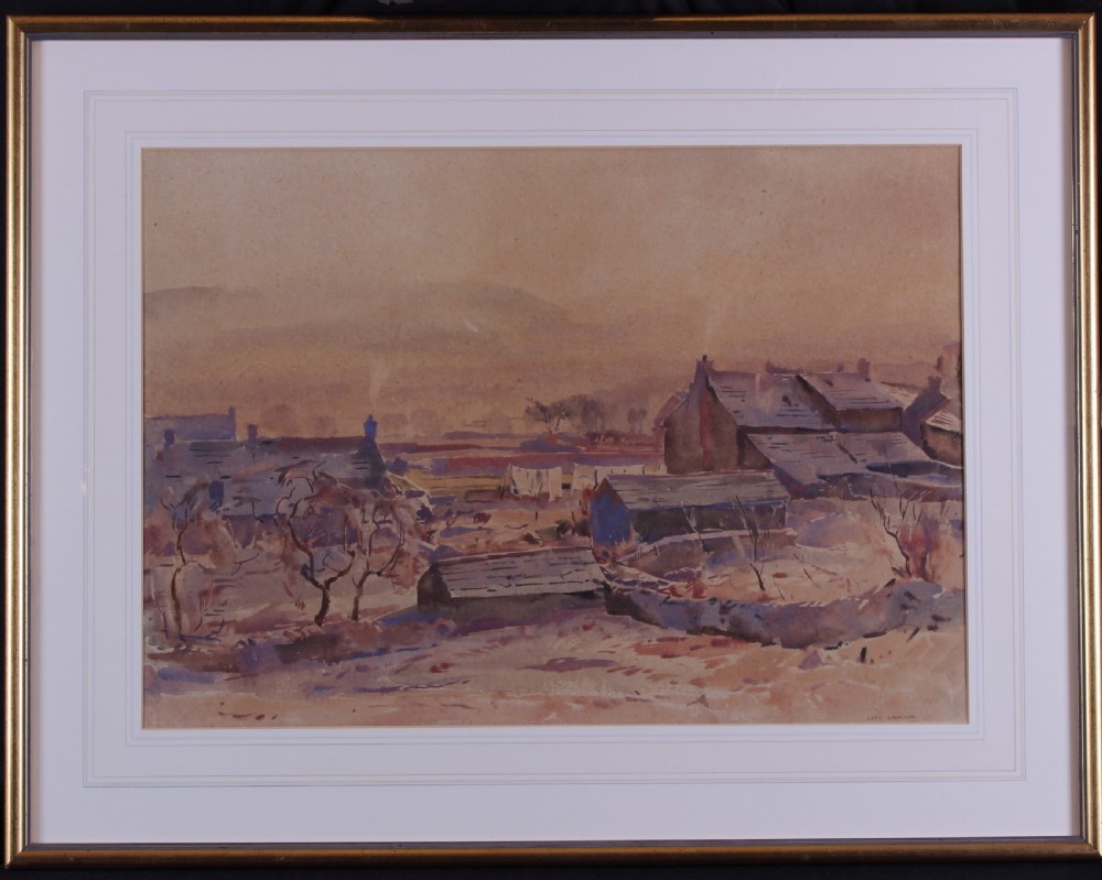 A watercolour landscape depiction of rural cottages with laundry hanging on a line against distant mist-covered hills in warm brown tones. View II
