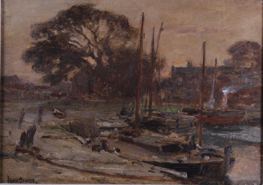 An impressionist marine oil painting depicting boats moored in Blakeney Harbour with tall masts against a muted sky and trees in earthy brown tones.