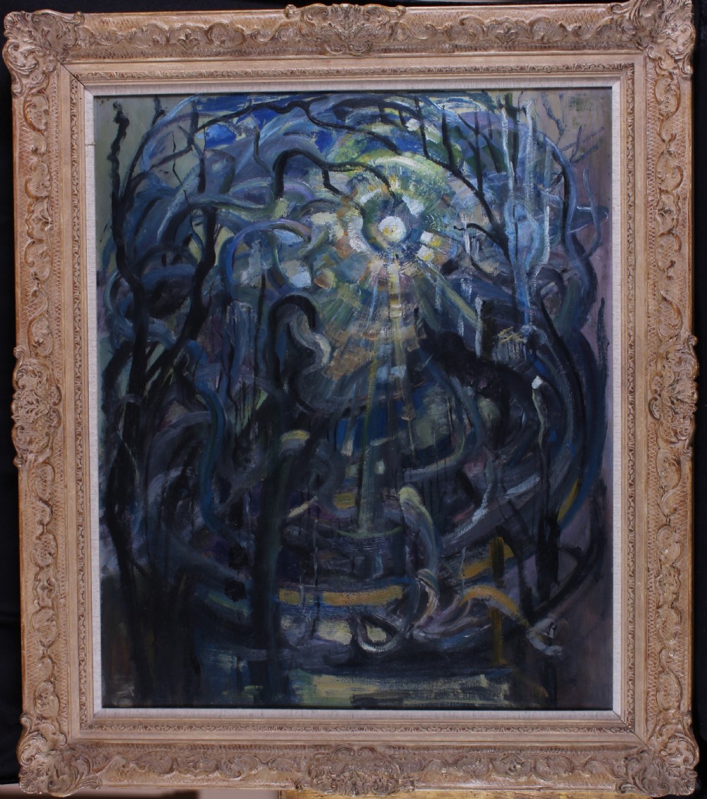 An oil painting titled The Stormy Moon depicting dark, swirling bare tree branches framing a luminous full moon, presented in an ornate carved light wooden frame.