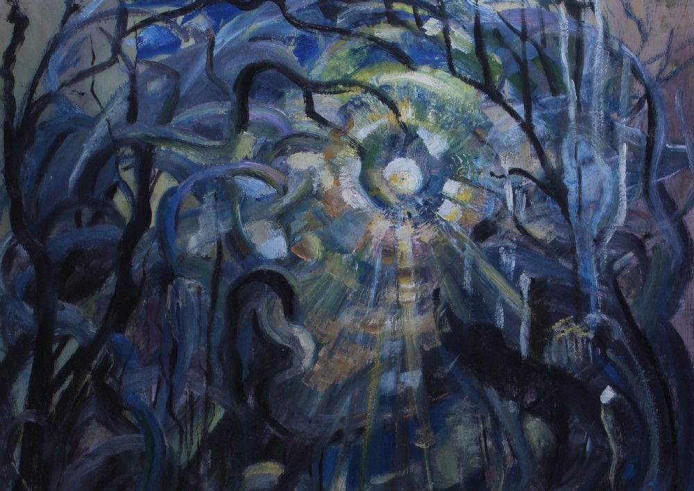 An oil painting titled The Stormy Moon depicting dark, swirling bare tree branches framing a luminous full moon, presented in an ornate carved light wooden frame. View III