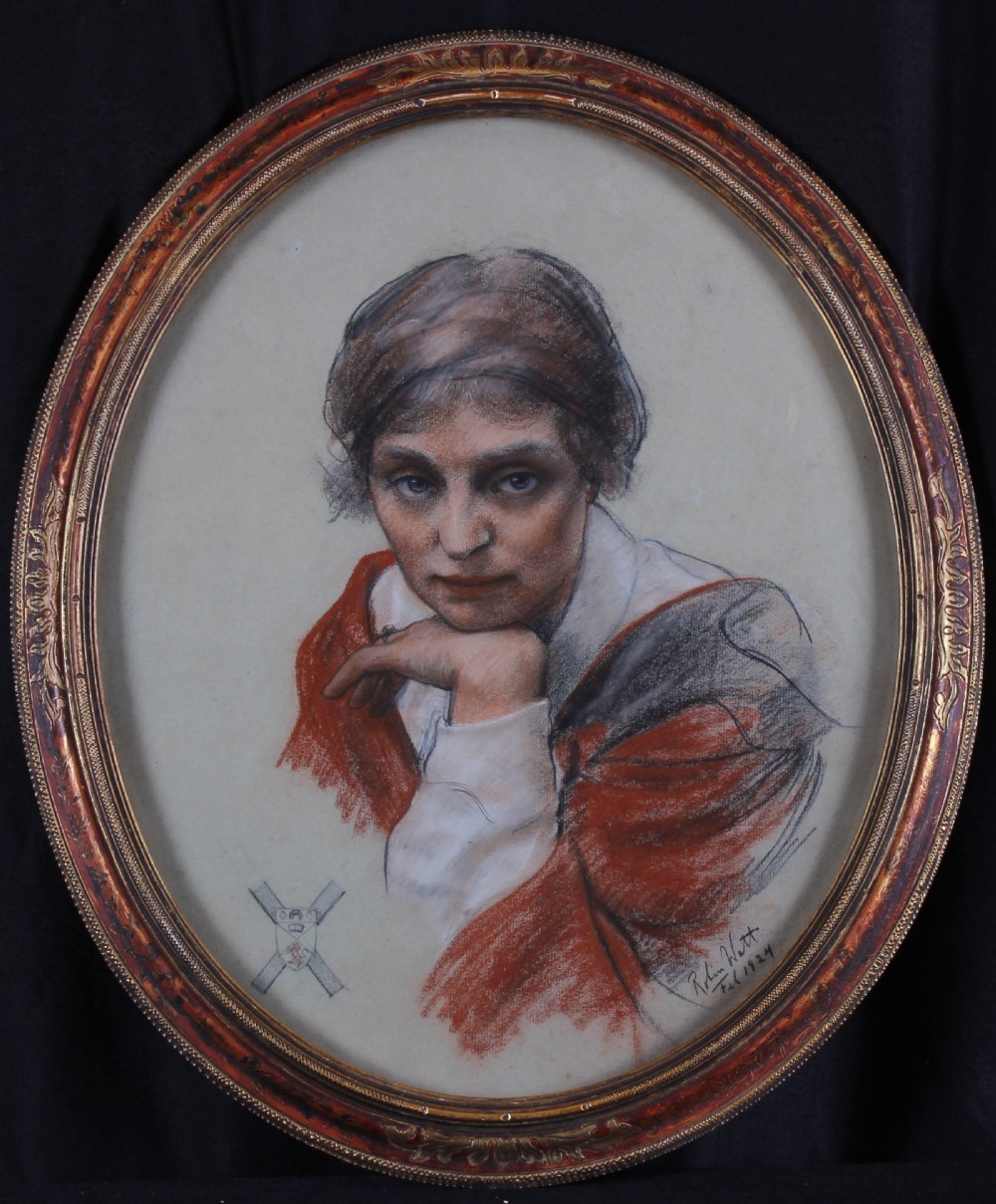 An oval framed 1920s charcoal and watercolour portrait drawing depicting a woman in academic regalia, signed by Robin Watt in 1924.