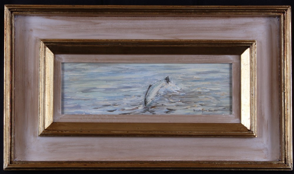 A horizontal oil painting showing a leaping salmon in water, housed within a wide whitewashed and gilt wooden frame.