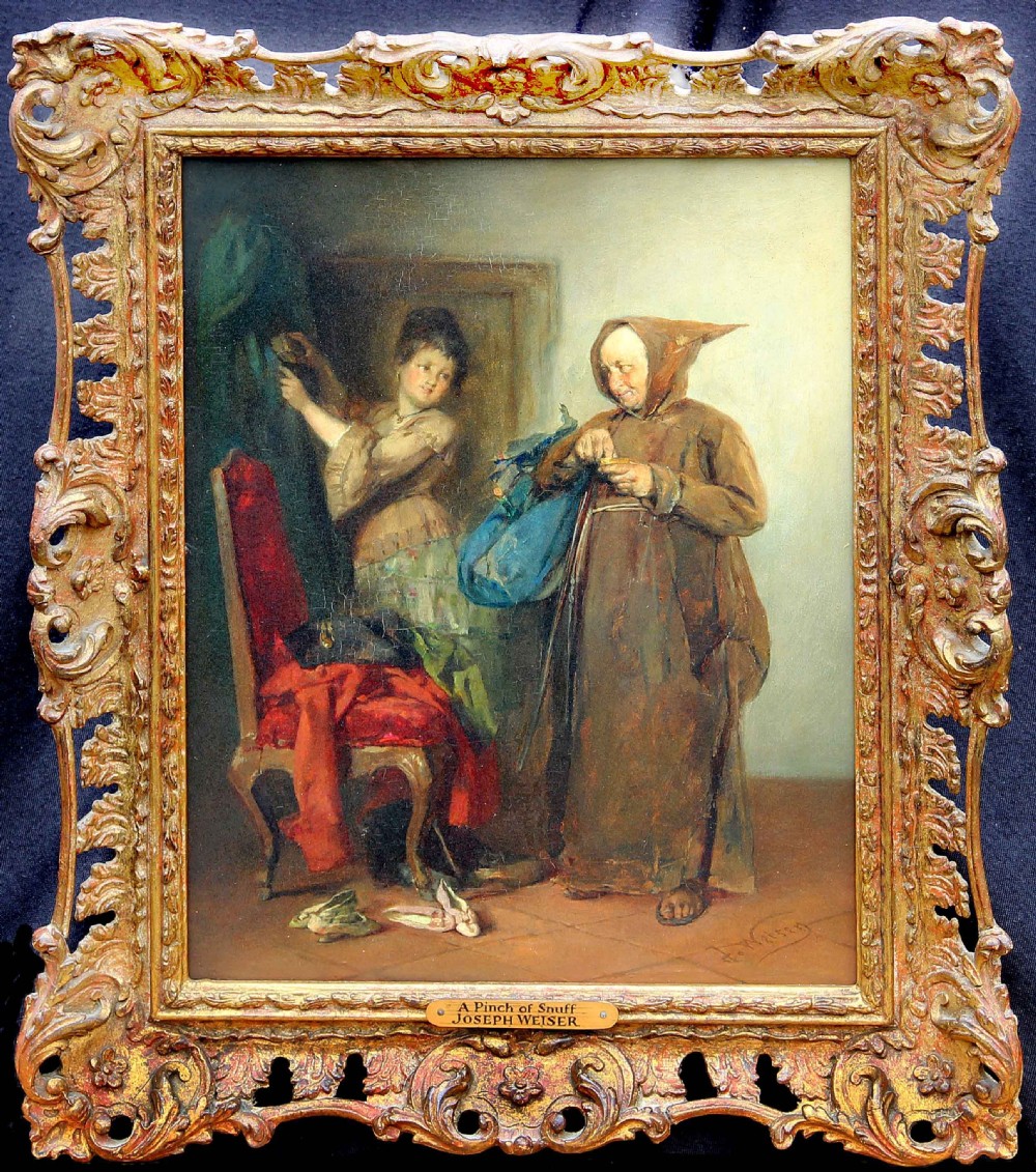 A pair of 19th-century narrative oil paintings depicting interior genre scenes, presented in ornate swept giltwood frames. View III