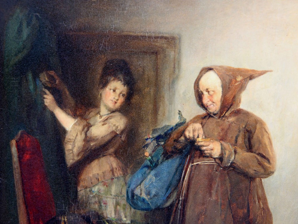 A pair of 19th-century narrative oil paintings depicting interior genre scenes, presented in ornate swept giltwood frames. View V
