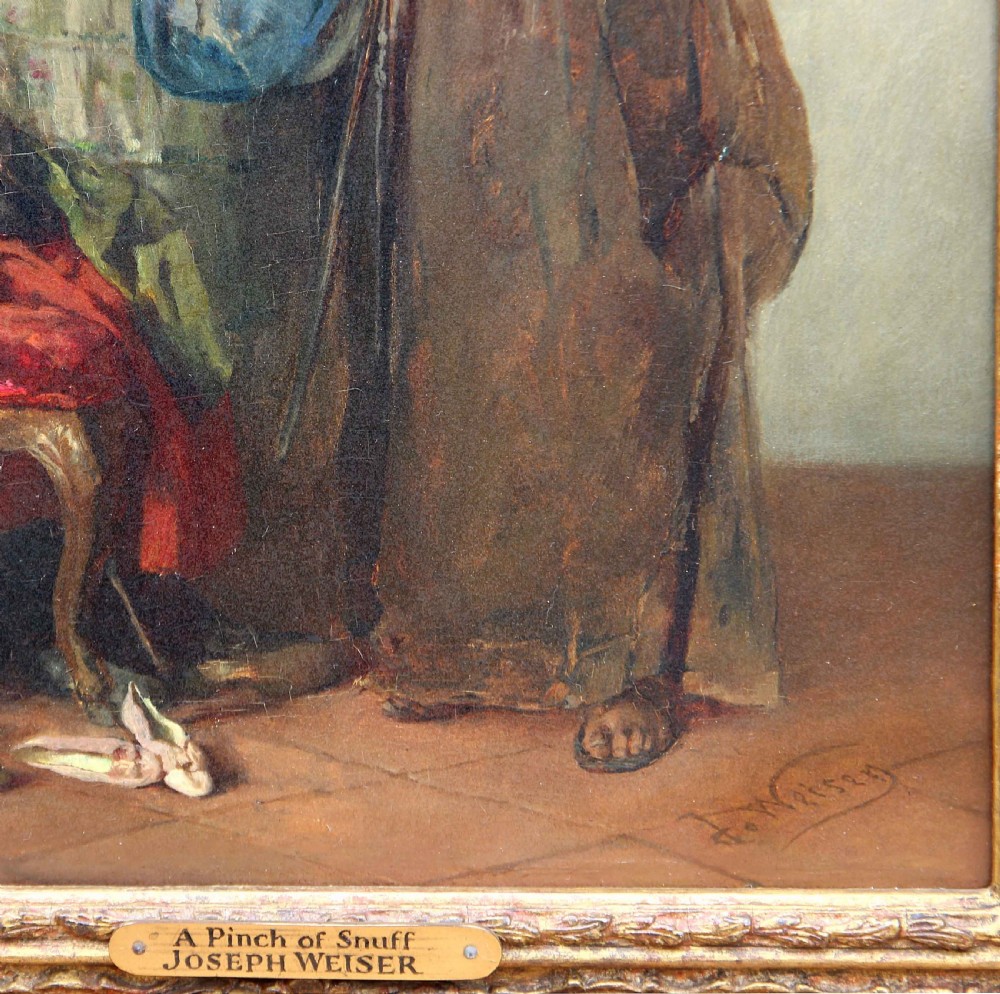 A pair of 19th-century narrative oil paintings depicting interior genre scenes, presented in ornate swept giltwood frames. View VI