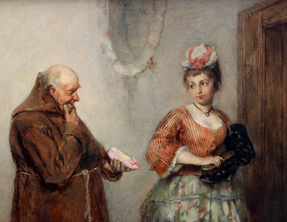 A pair of 19th-century narrative oil paintings depicting interior genre scenes, presented in ornate swept giltwood frames. View XI