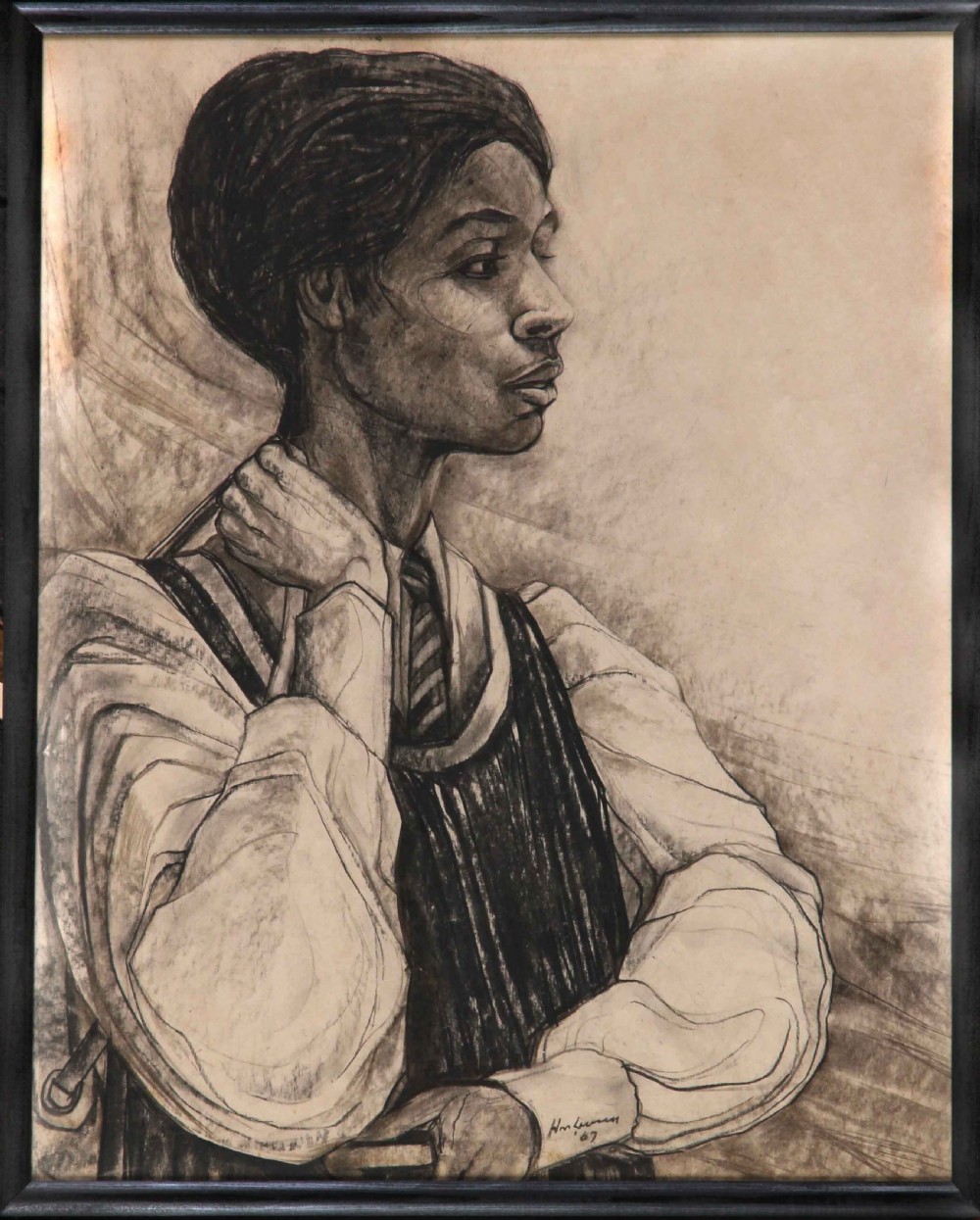 A framed mid-century charcoal and pencil portrait drawing of a young woman in profile wearing a school uniform.