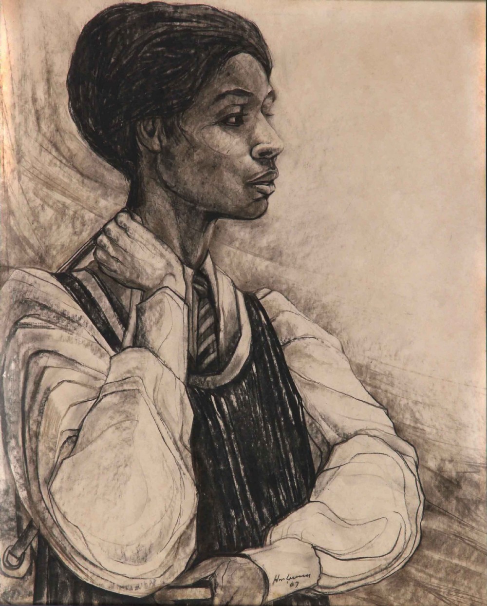 A framed mid-century charcoal and pencil portrait drawing of a young woman in profile wearing a school uniform. View II