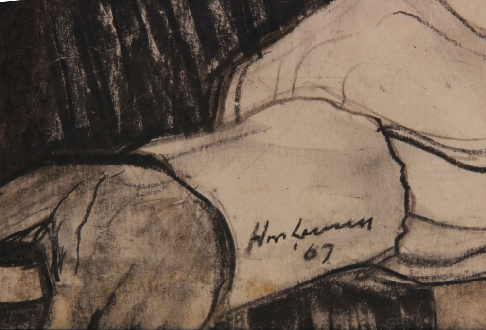 A framed mid-century charcoal and pencil portrait drawing of a young woman in profile wearing a school uniform. View III