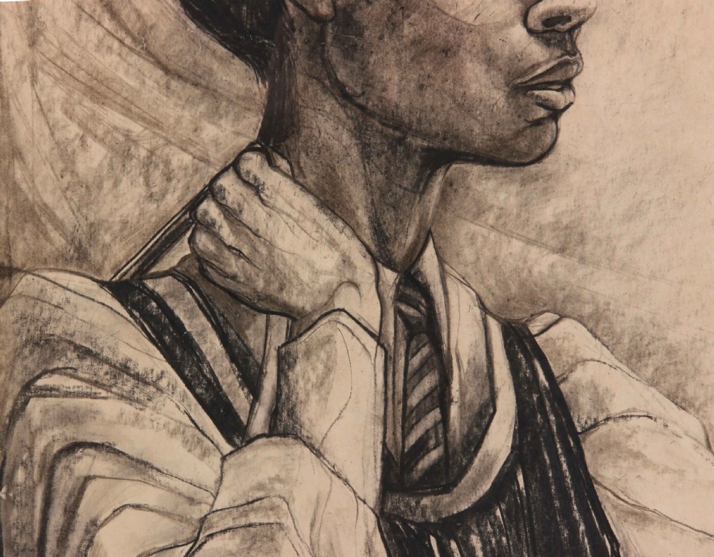 A framed mid-century charcoal and pencil portrait drawing of a young woman in profile wearing a school uniform. View IV