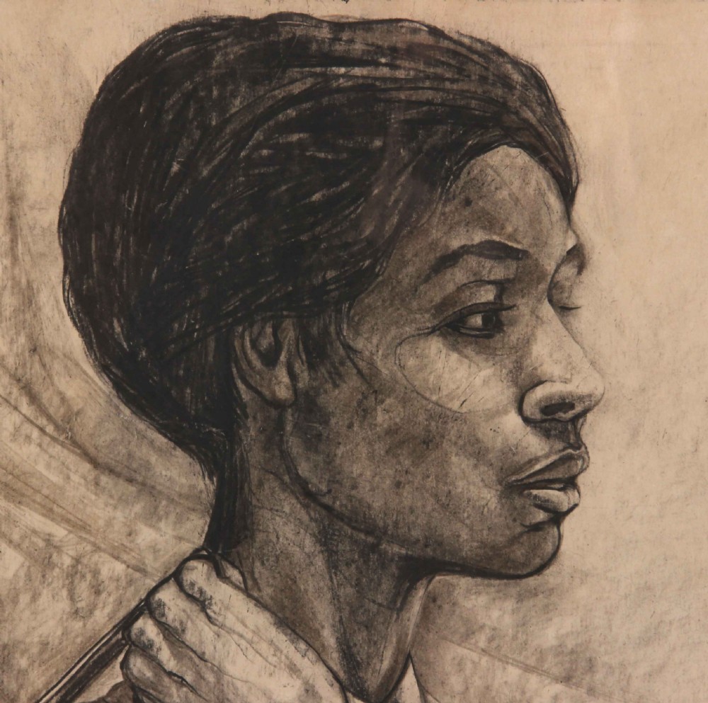 A framed mid-century charcoal and pencil portrait drawing of a young woman in profile wearing a school uniform. View V