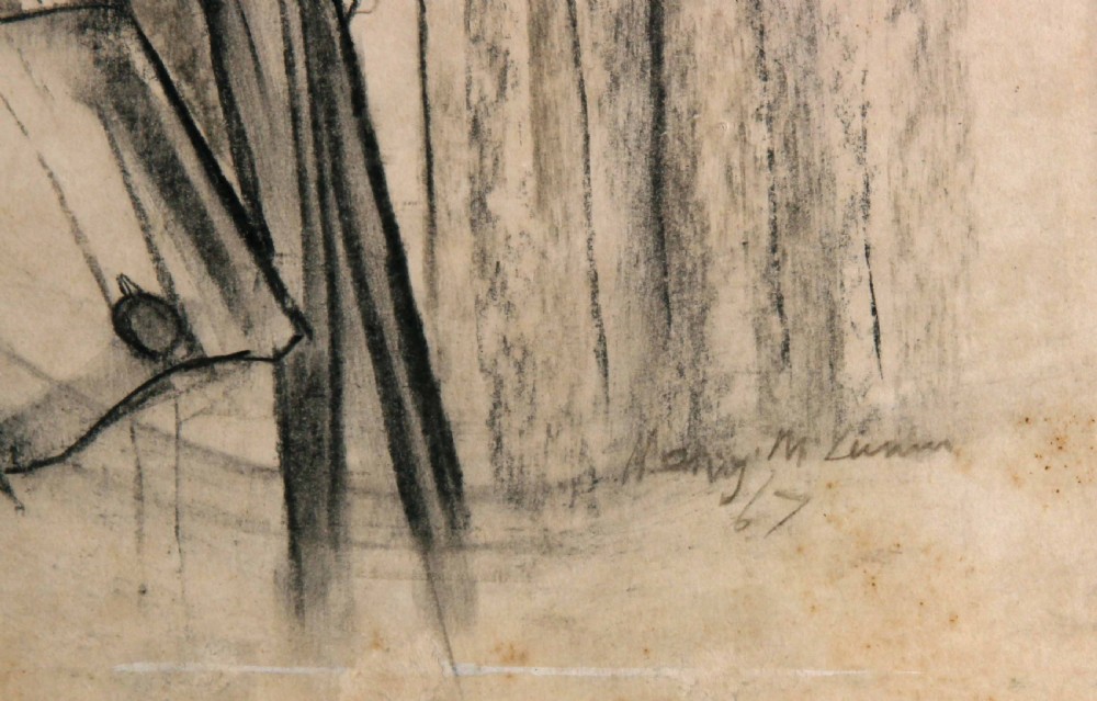 A framed charcoal and pencil profile portrait drawing depicting a young man leaning his arm on a surface against a light background. View II