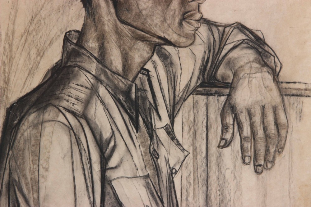 A framed charcoal and pencil profile portrait drawing depicting a young man leaning his arm on a surface against a light background. View III