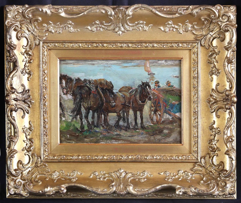 An antique oil painting depicting draft horses and a cart on a shoreline, housed within an ornate swept gilt frame.