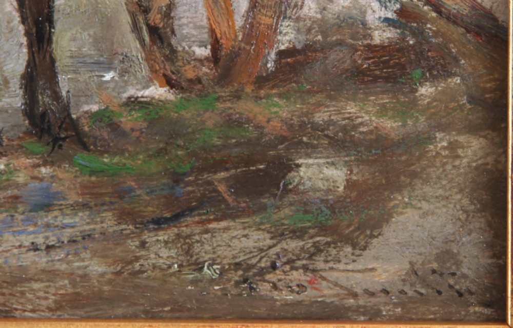 An antique oil painting depicting draft horses and a cart on a shoreline, housed within an ornate swept gilt frame. View III