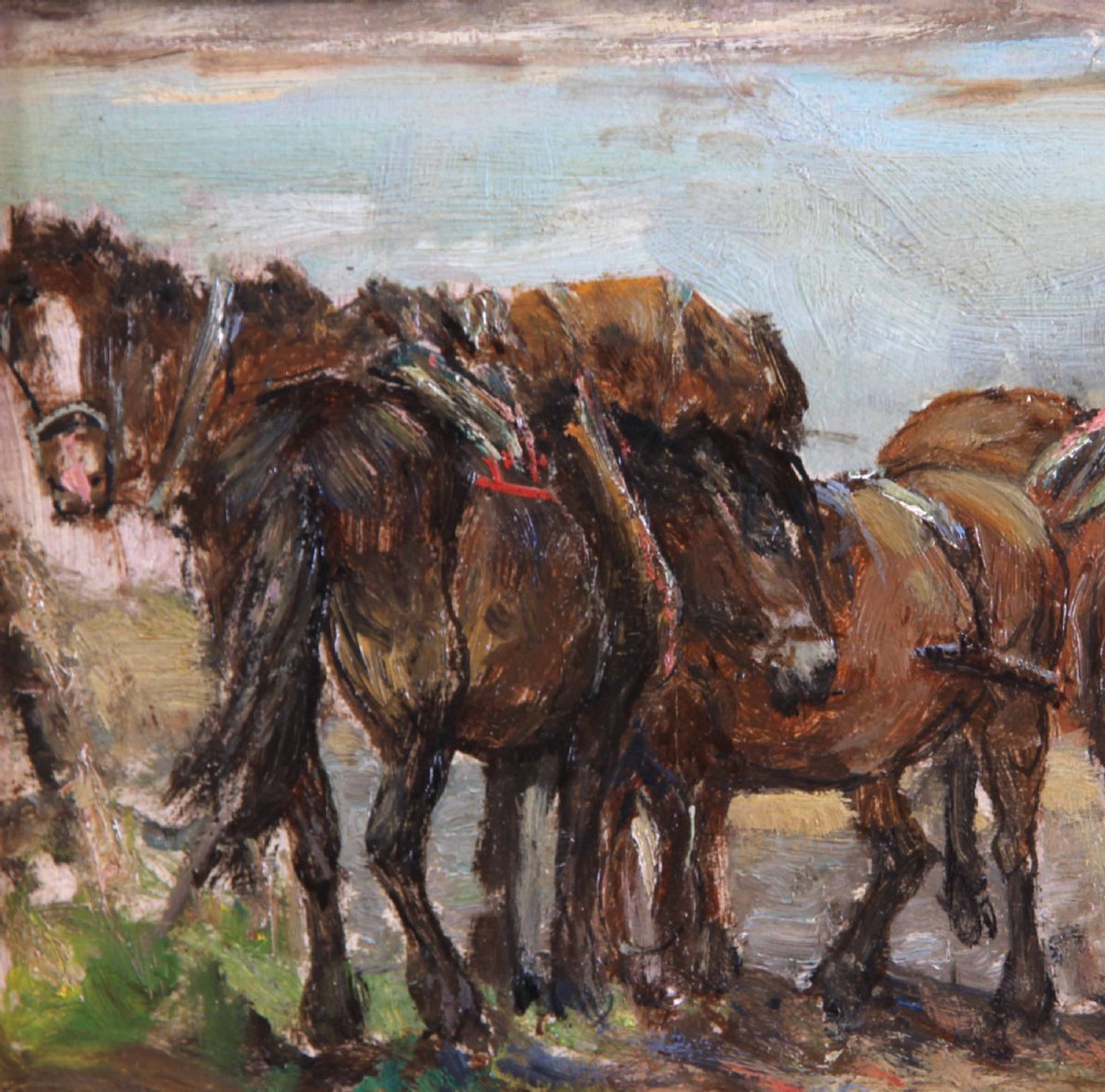 An antique oil painting depicting draft horses and a cart on a shoreline, housed within an ornate swept gilt frame. View IV