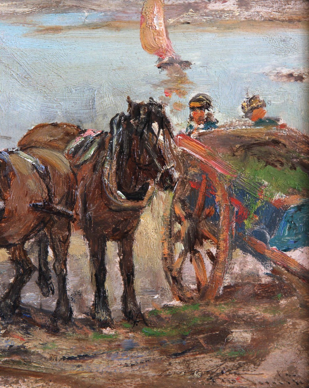 An antique oil painting depicting draft horses and a cart on a shoreline, housed within an ornate swept gilt frame. View V