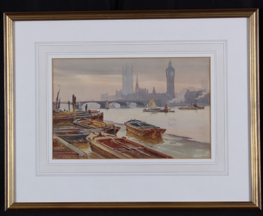 An antique watercolour painting depicting wooden barges on the River Thames with Westminster Bridge and the Houses of Parliament visible in the misty background. View II