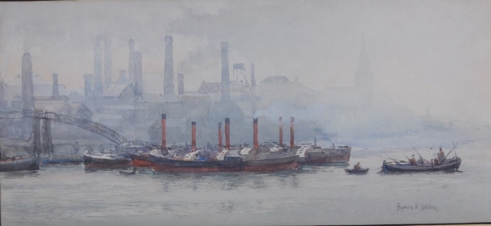 A muted grey and soft blue watercolour painting depicting industrial steamships on the River Thames in London surrounded by hazy smoke and factory chimneys.