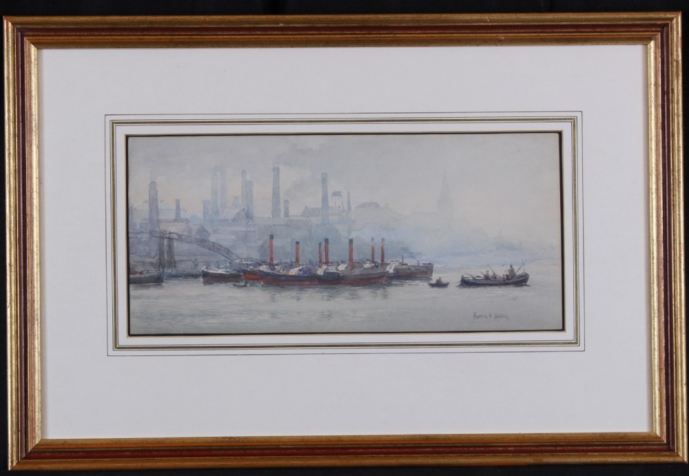 A muted grey and soft blue watercolour painting depicting industrial steamships on the River Thames in London surrounded by hazy smoke and factory chimneys. View II