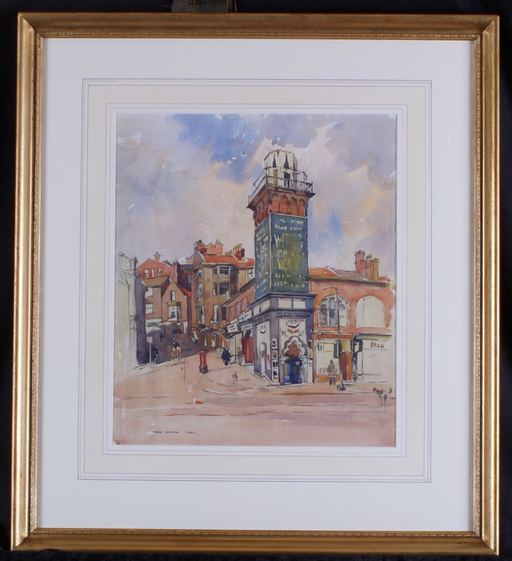 A framed 1930 watercolour painting depicting a street scene in Scarborough with architectural buildings and a tall tower under a cloudy sky.