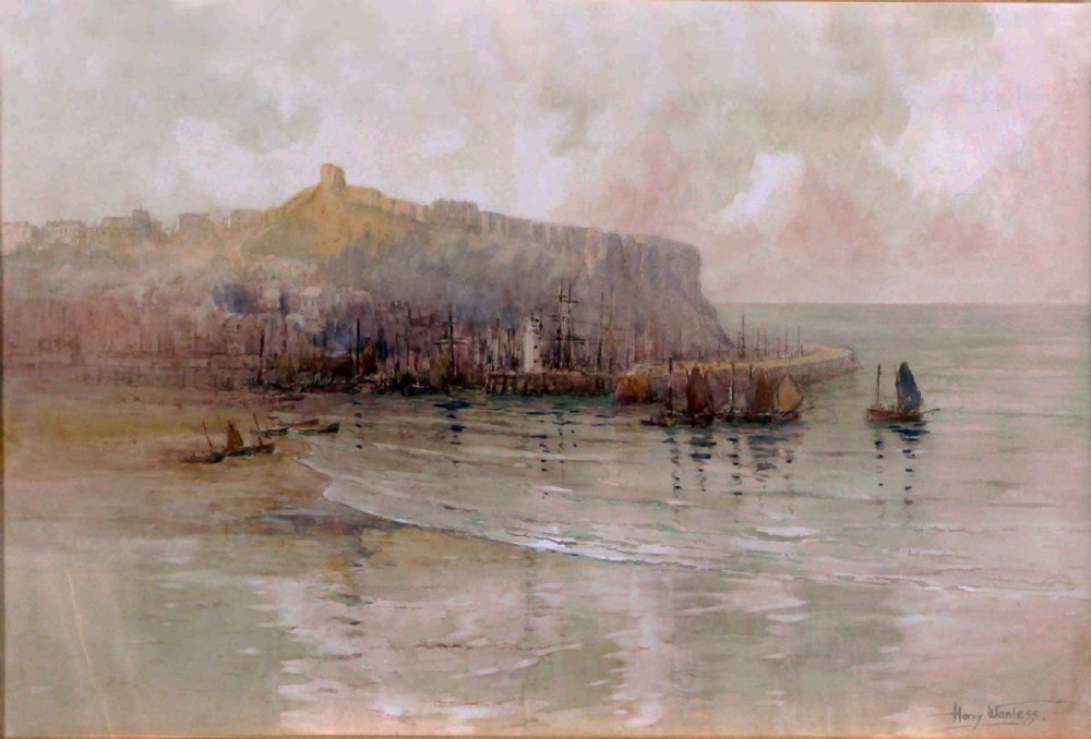 An antique marine watercolour painting depicting Scarborough Harbour with sailing boats in the foreground and a cliffside headland under an overcast sky.
