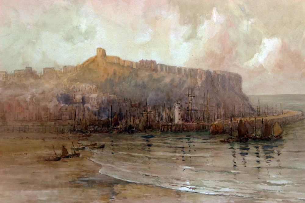 An antique marine watercolour painting depicting Scarborough Harbour with sailing boats in the foreground and a cliffside headland under an overcast sky. View V