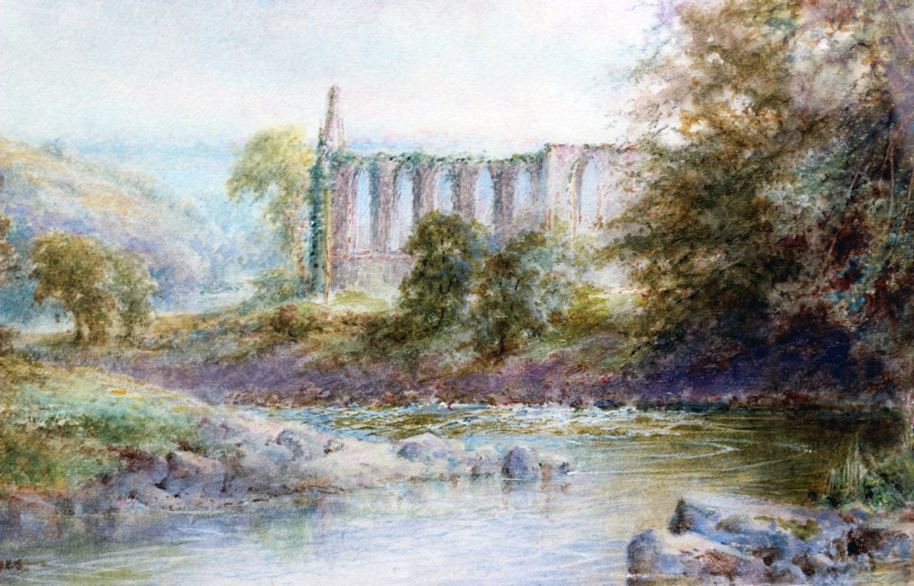 A watercolour painting depicting the stone arches of a ruined abbey beside a flowing river surrounded by foliage and hills.