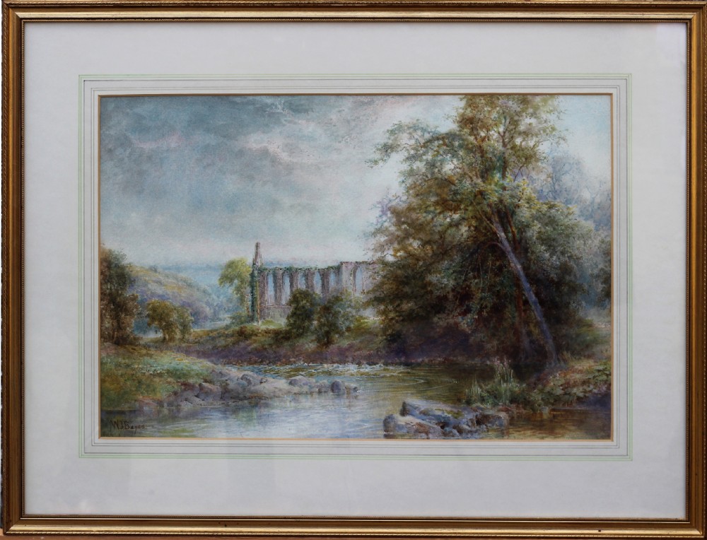 A watercolour painting depicting the stone arches of a ruined abbey beside a flowing river surrounded by foliage and hills. View II