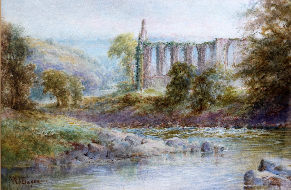 A watercolour painting depicting the stone arches of a ruined abbey beside a flowing river surrounded by foliage and hills. View III