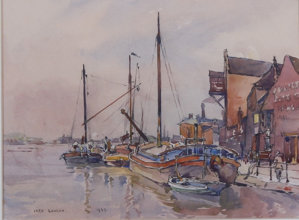 An original 1929 watercolour painting depicting moored boats alongside harbour buildings in Lincoln by artist Fred Lawson.