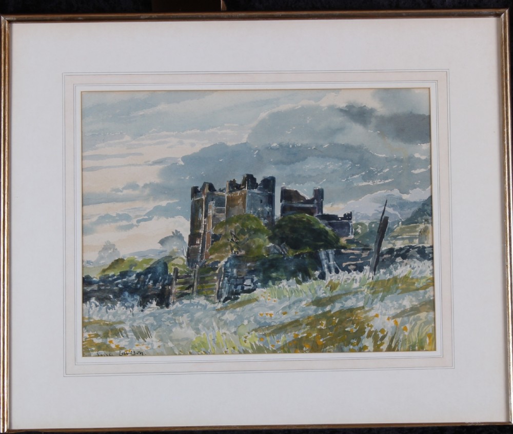 A watercolour painting depicting Bolton Castle under a overcast grey sky with green foliage and a field in the foreground. View II