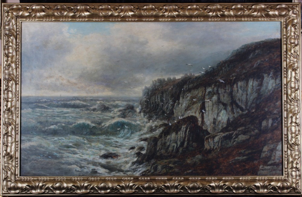 A coastal oil painting depicting turbulent sea waves crashing against dark rocky cliffs beneath a cloudy sky with flying seagulls. View II