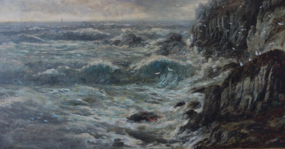 A coastal oil painting depicting turbulent sea waves crashing against dark rocky cliffs beneath a cloudy sky with flying seagulls. View III