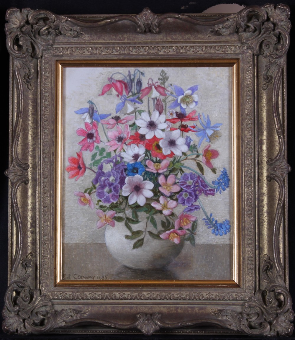 An original 1935 floral oil painting by Harold Edward Conway featuring a bouquet of pink, purple, and white flowers in a vase, framed in an ornate gilt swept frame.