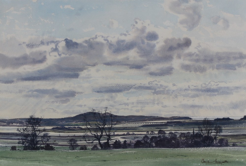 A 20th-century topographical watercolour painting by Claude Muncaster depicting a cloud-filled sky over fields and distant hills in Newby Bridge, Lancashire.