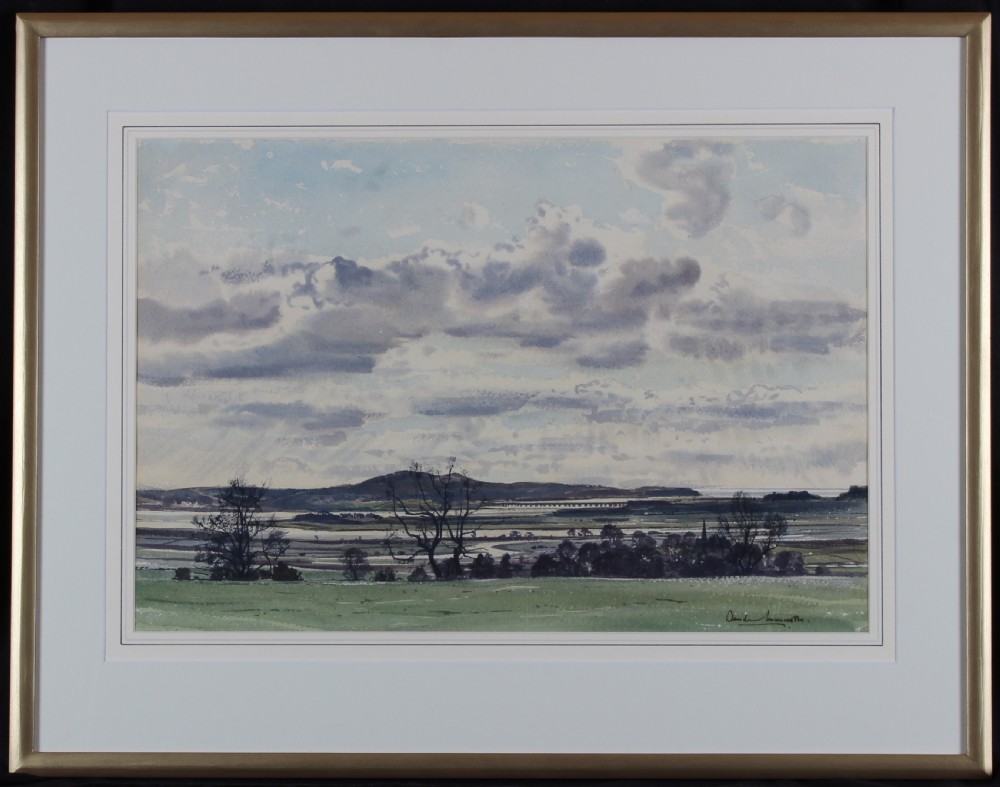A 20th-century topographical watercolour painting by Claude Muncaster depicting a cloud-filled sky over fields and distant hills in Newby Bridge, Lancashire. View II