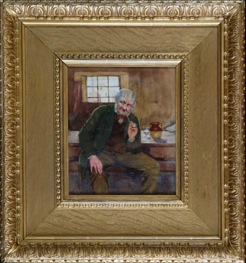 A framed watercolour painting depicting an elderly man with a pipe seated at a wooden table inside a Scottish inn.