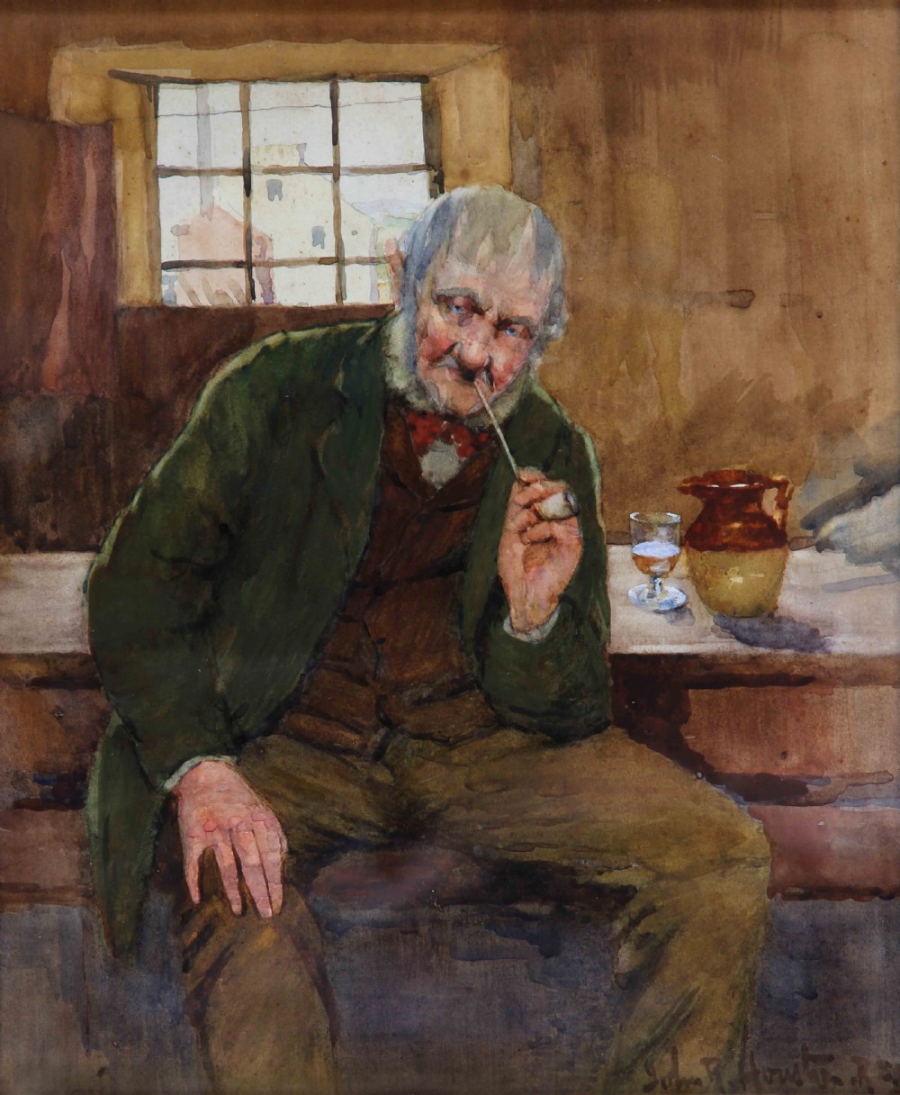 A framed watercolour painting depicting an elderly man with a pipe seated at a wooden table inside a Scottish inn. View II