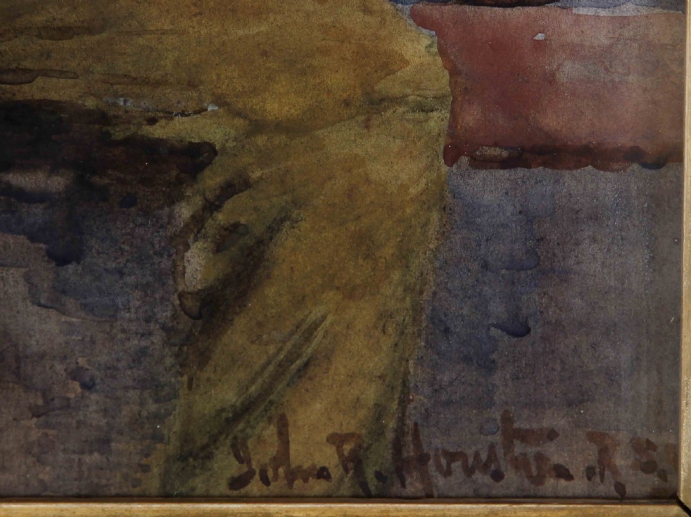 A framed watercolour painting depicting an elderly man with a pipe seated at a wooden table inside a Scottish inn. View III