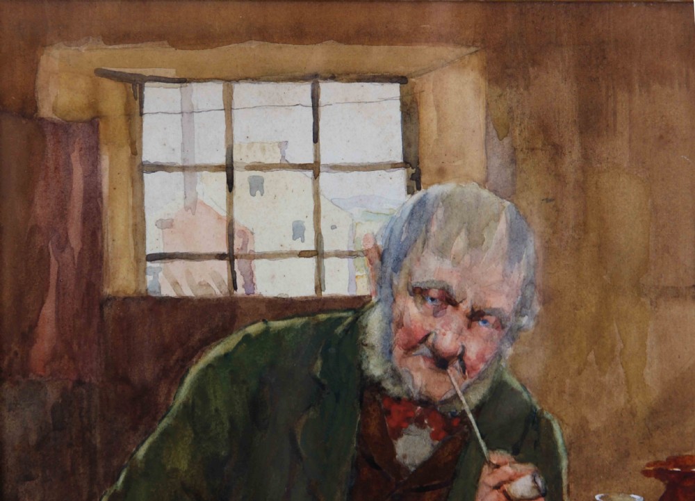 A framed watercolour painting depicting an elderly man with a pipe seated at a wooden table inside a Scottish inn. View IV