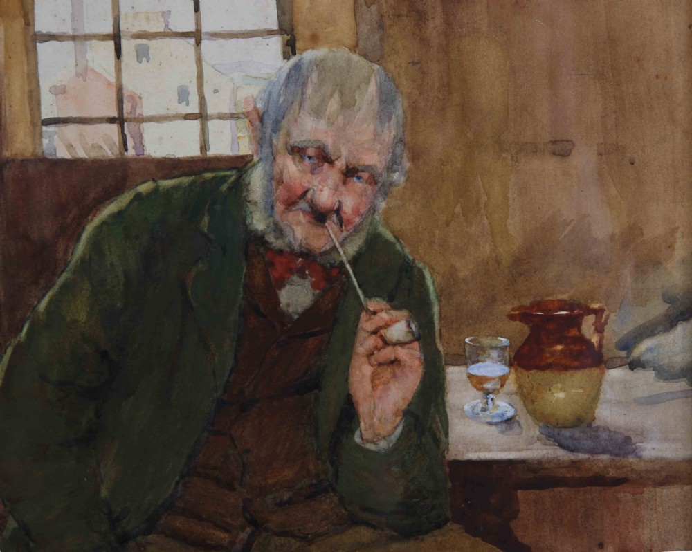 A framed watercolour painting depicting an elderly man with a pipe seated at a wooden table inside a Scottish inn. View V