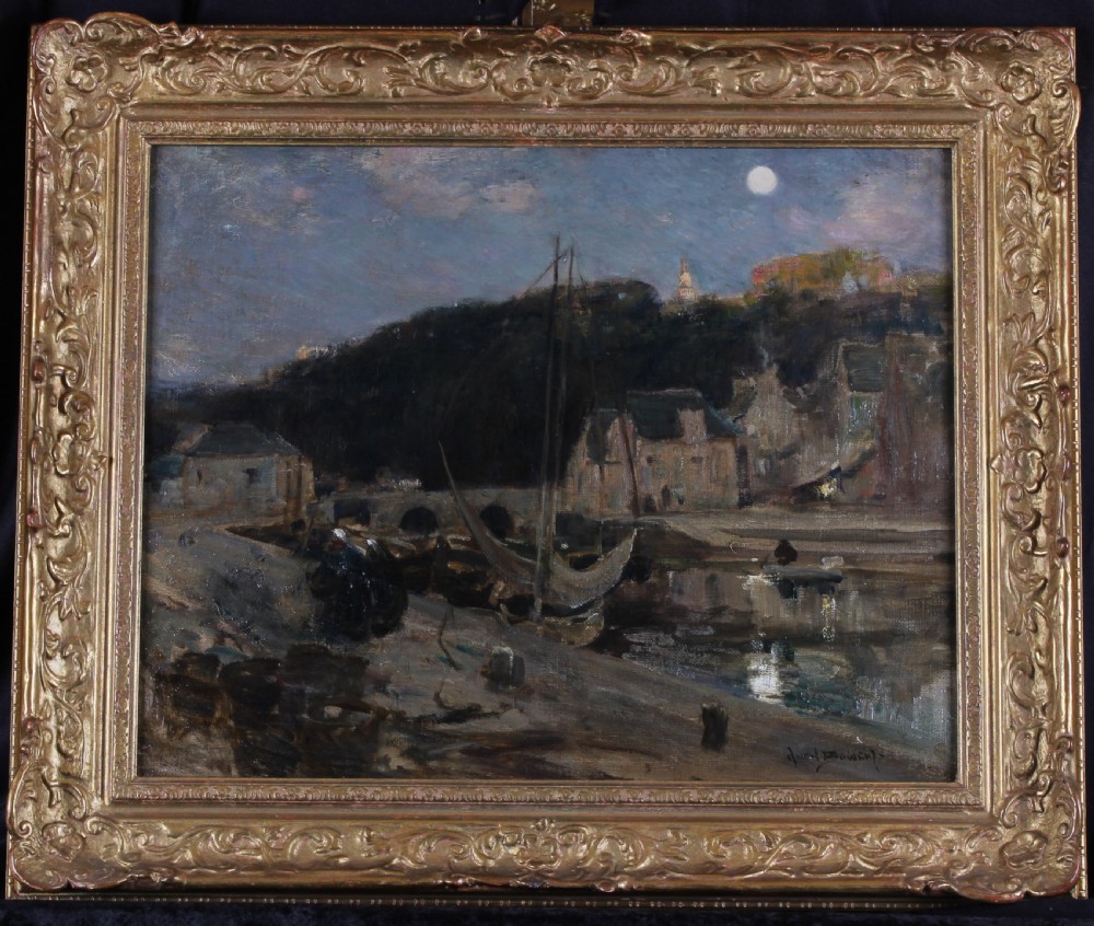 An antique oil painting depicting a nocturnal harbour scene in Dinan, Brittany, displayed inside an ornate gilded frame.