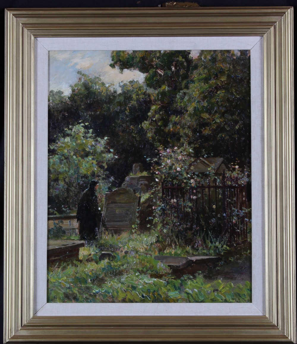 An oil landscape painting depicting an overgrown churchyard with gravestones, wrought iron fencing, dense green foliage, and a solitary figure in dark attire. View II