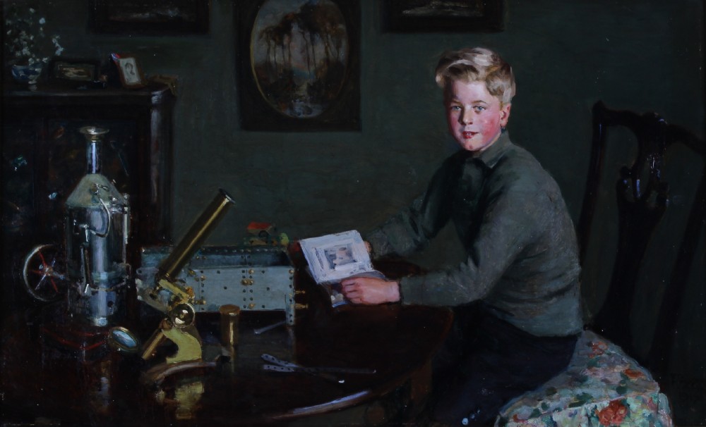 An oil painting depicting a young blonde boy seated at a dark wooden desk with scientific equipment, a brass microscope, and an open book.