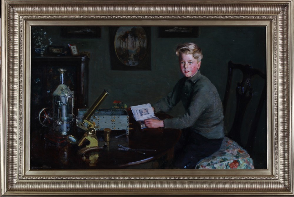 An oil painting depicting a young blonde boy seated at a dark wooden desk with scientific equipment, a brass microscope, and an open book. View II