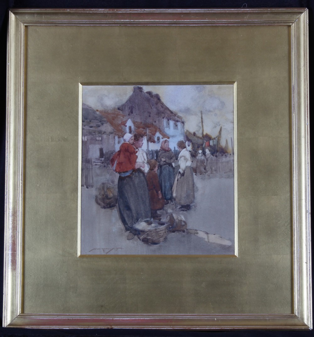An antique watercolour painting depicting a group of fisherfolk and children standing in a coastal village setting with stone cottages in the background. View II