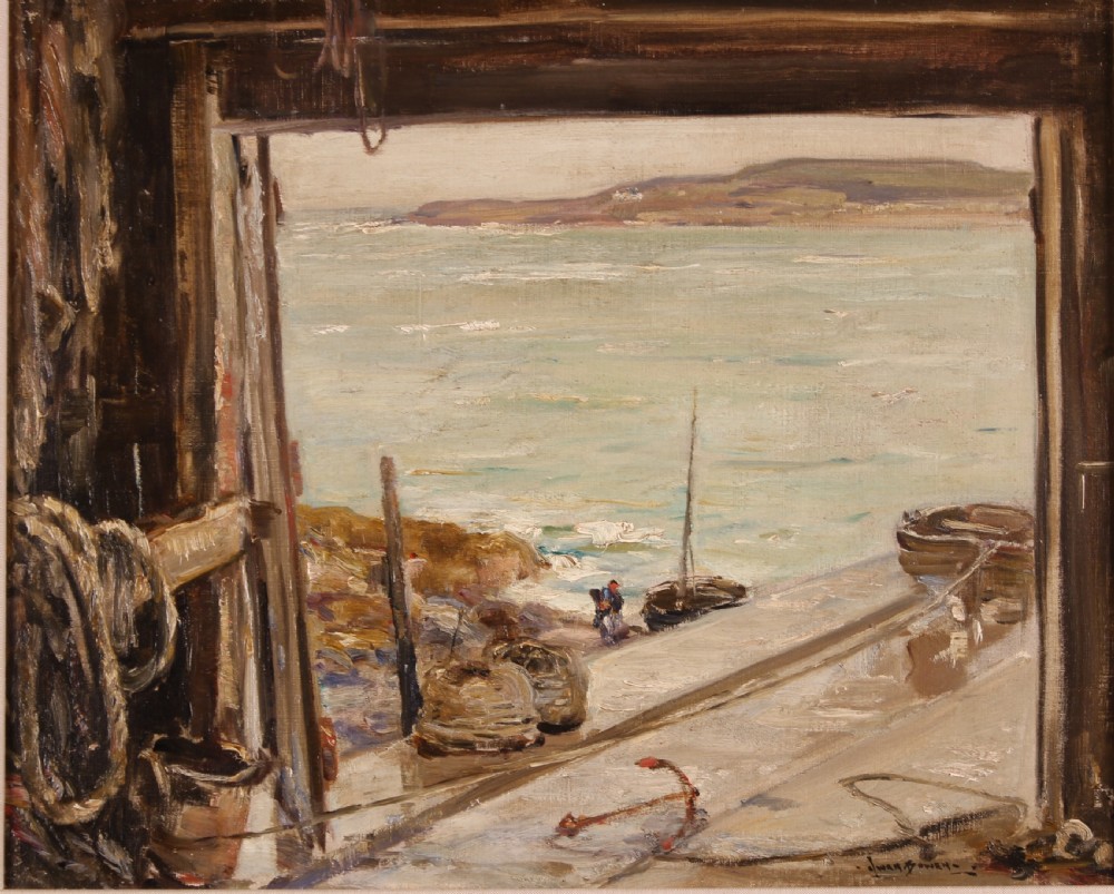An oil painting depicting a view through a dark timber boathouse doorway looking out onto a calm coastal bay and distant shoreline.