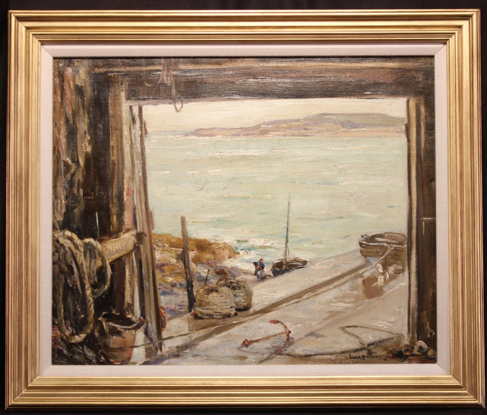 An oil painting depicting a view through a dark timber boathouse doorway looking out onto a calm coastal bay and distant shoreline. View II