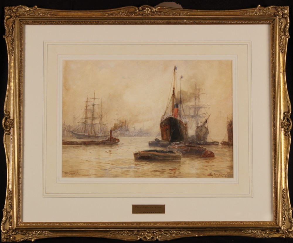 A hazy sepia watercolour painting depicting tall ships, steamships, and barges navigating the bustling River Thames in London. View II